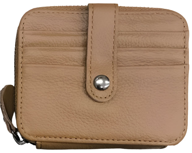 Collection of leather cardholders in black, brown, and maroon on a wooden surface.