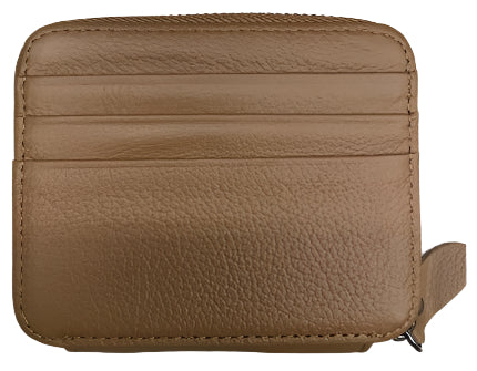 Collection of leather cardholders in black, brown, and cherry on a wooden surface.