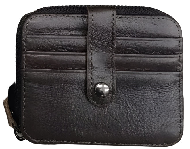 Collection of leather cardholders in black, brown, and cherry on a wooden surface.