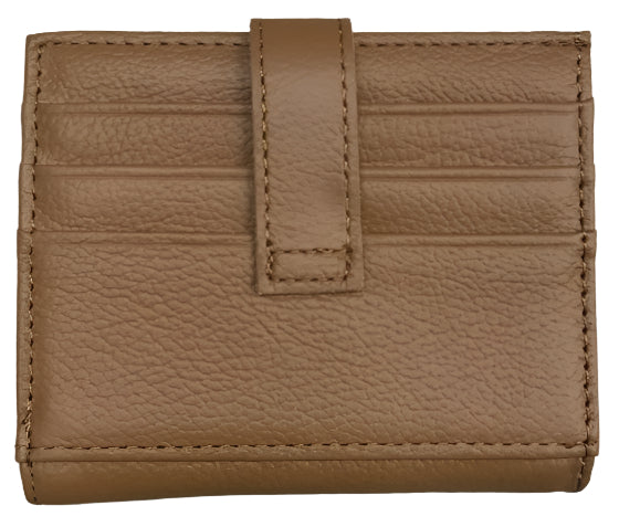 Collage of leather cardholders in various colors on a wooden surface.