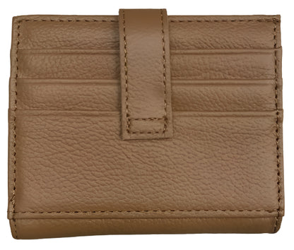 Collage of leather cardholders in various colors on a wooden surface.