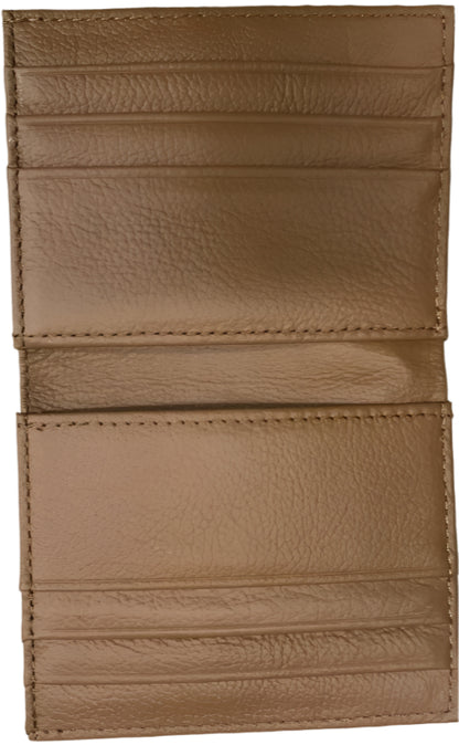 Collage of leather cardholders in various colors on a wooden surface.