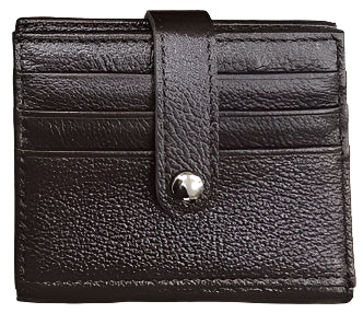 Collage of leather cardholders in various colors on a wooden surface.
