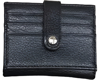 Collage of leather cardholders in various colors on a wooden surface.