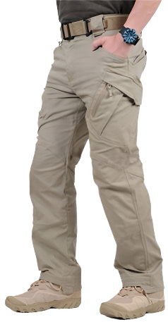 Three pairs of unisex cargo pants in beige, green, and brown colors, displayed in a side-by-side arrangement with each pair modeled by a person in a similar pose.
