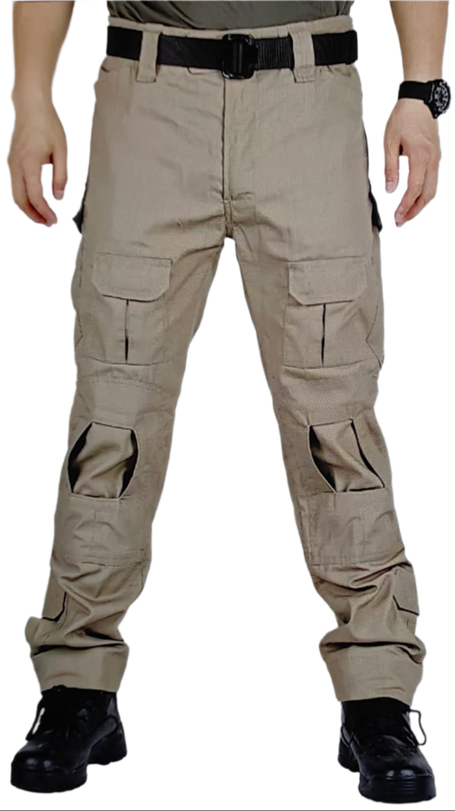 Beige cargo pants with multiple pockets and a belt on a white background