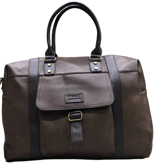 Set of five bags in different colors on a wooden surface