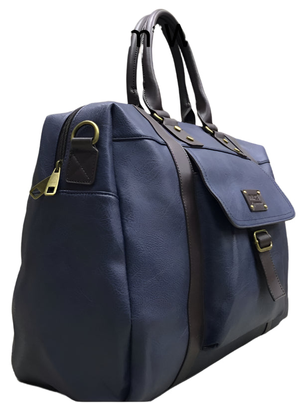 Navy blue bag with multiple views on a wooden surface
