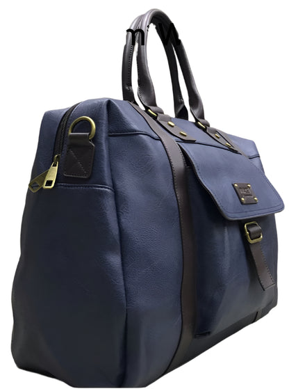 Navy blue bag with multiple views on a wooden surface
