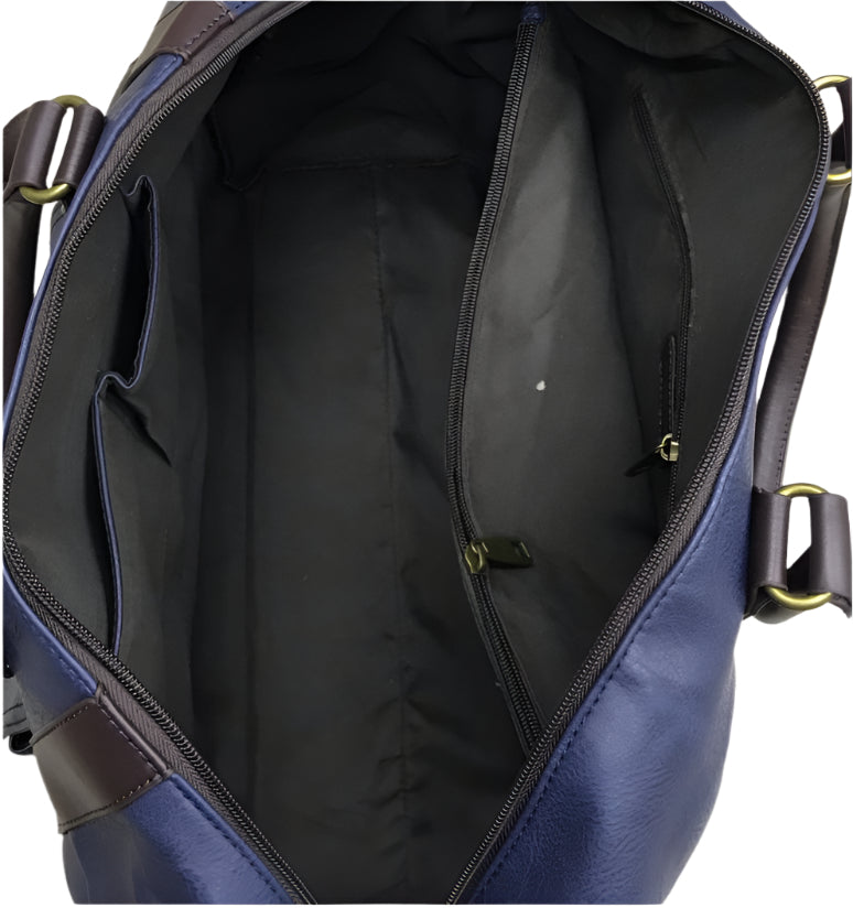 Navy blue bag with multiple views on a wooden surface