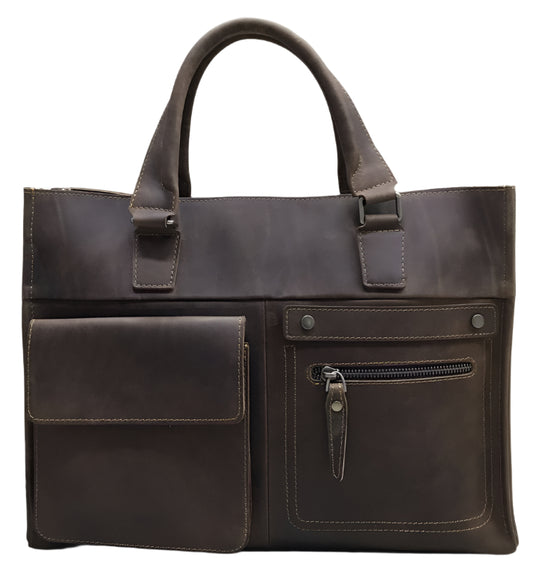 A collage of images showing a brown genuine leather laptop bag with multiple compartments and a padded laptop divider. The bag is viewed from the front, side, and top, displaying its features and a shoulder strap.