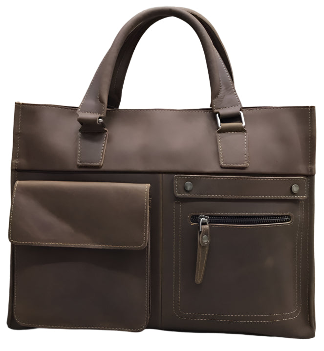 A brown genuine leather laptop bag with multiple compartments and a signature back & bottom, displayed in two different angles showing the front and side profiles.